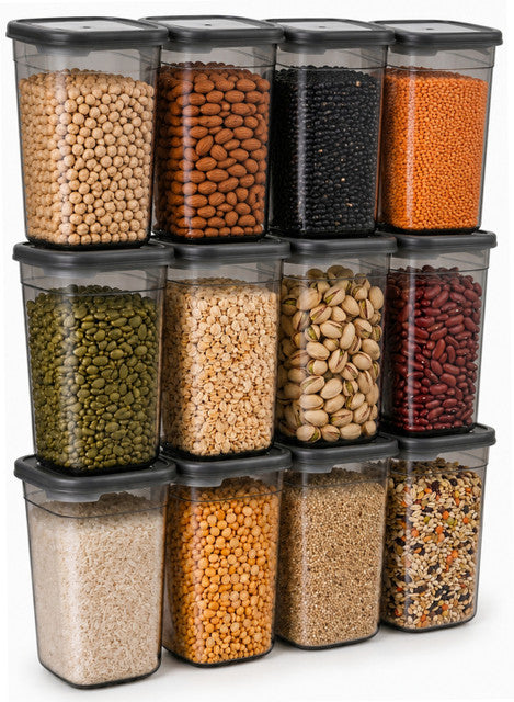 Plastic Grocery Container - 1 L (Pack of 12, Transparent, Black)