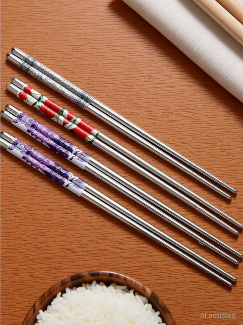 Eating Stainless Steel Chinese Chopstick (Multicolor, Pack of 3 Pairs)