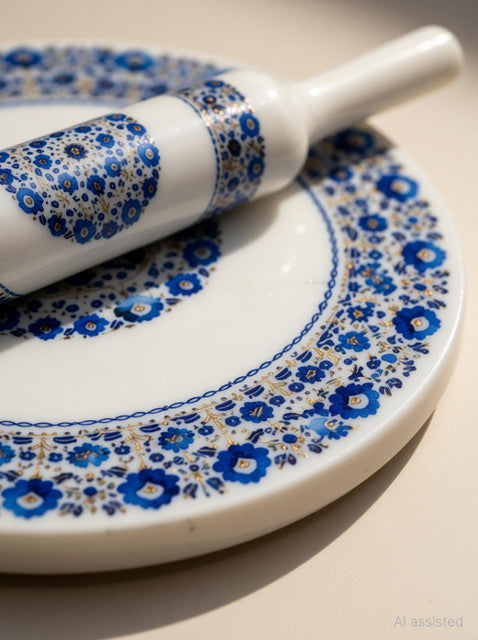 Madiha Handicrafts Marble Chakla with Wooden Belan Set - 10 Inch (Rolling Pin & Board)