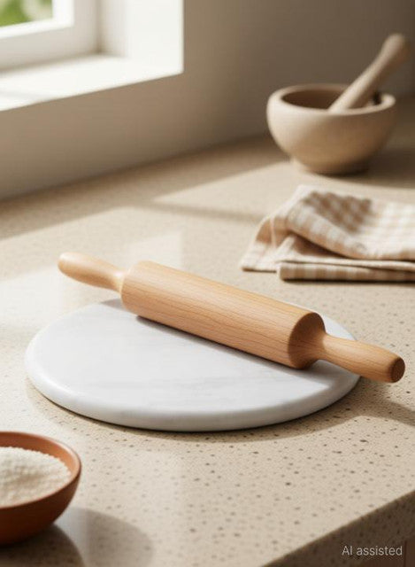 SHIVAYE COLLECTION RJ Kitchenware Marble Roti Maker with Wooden Belan (Rolling Pin & Board)