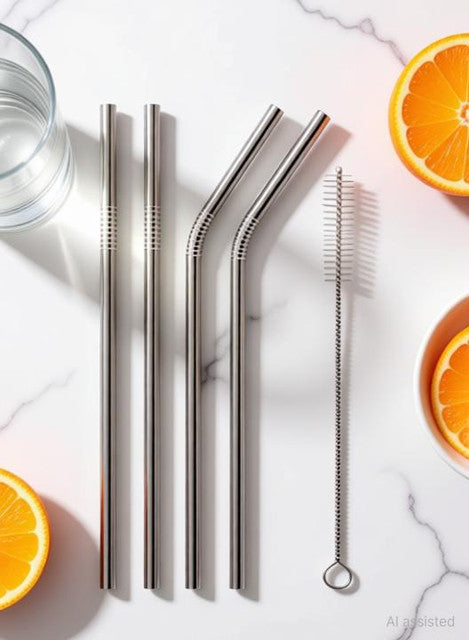 Stainless Steel Drinking Straws Kitchen Tool Set (2 Bend, 2 Straight, 1 Cleaning Brush)